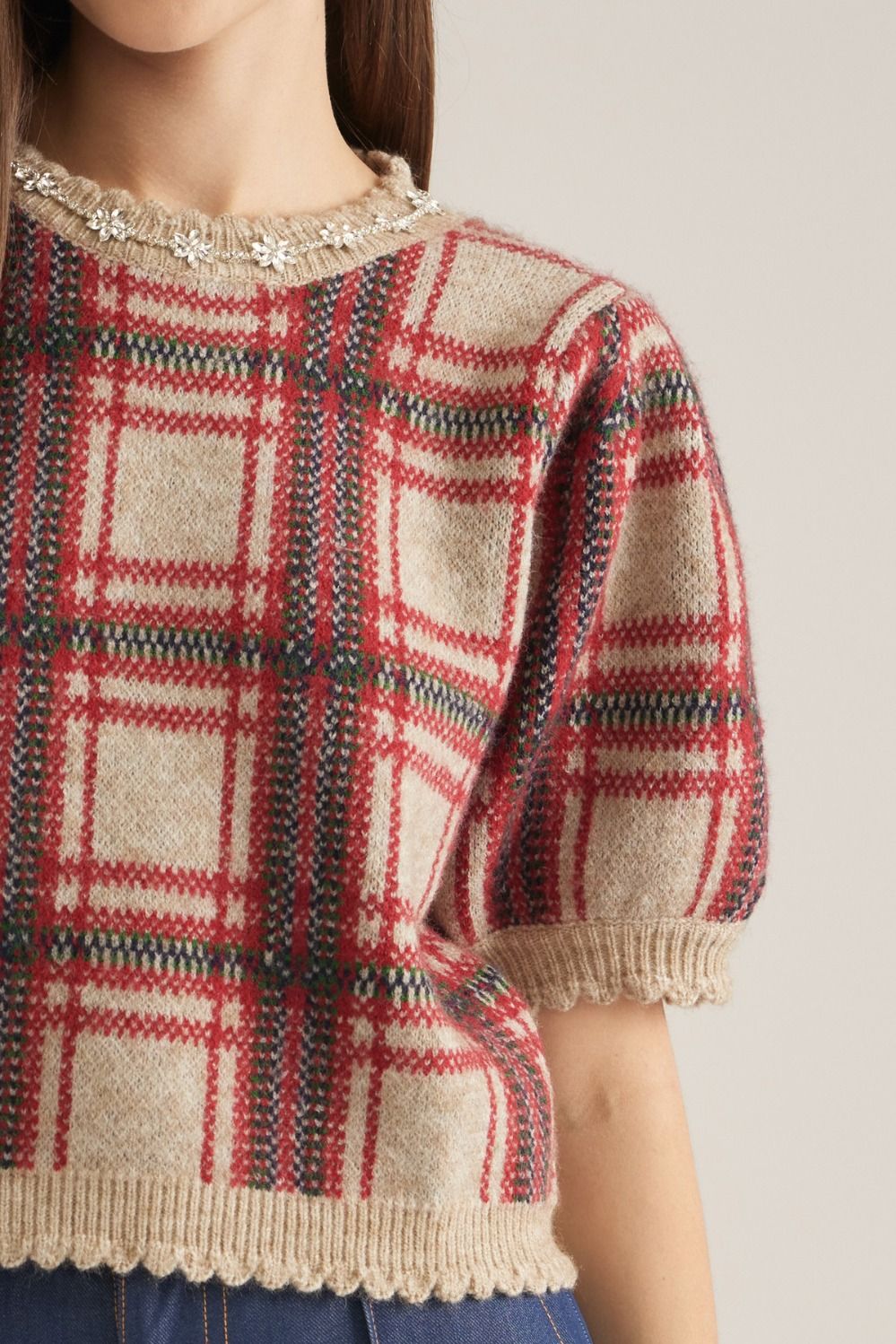 Crystal Neckline Plaid Short Sleeve Sweater