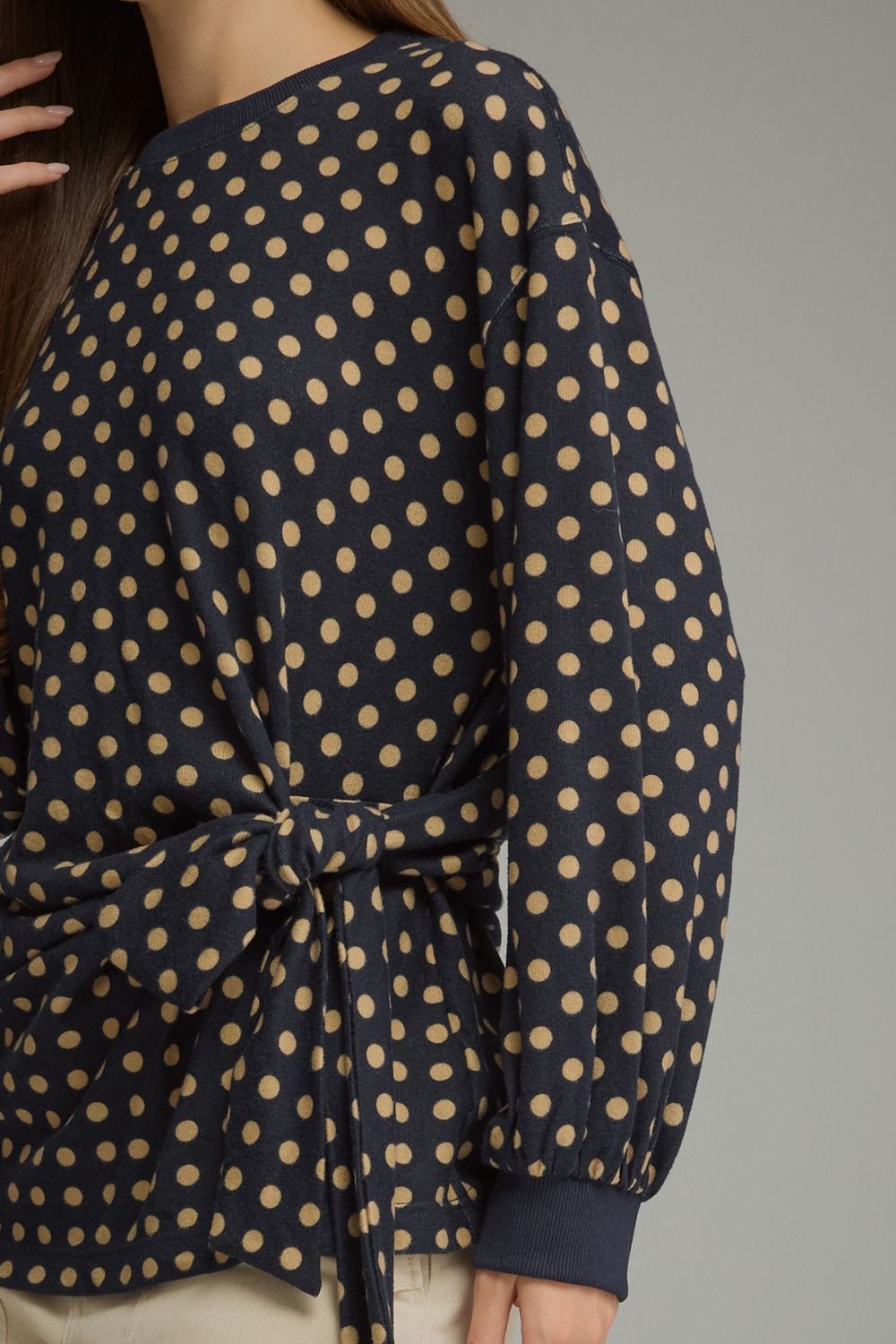 Polka Dot Side Tie Long Sleeve Top