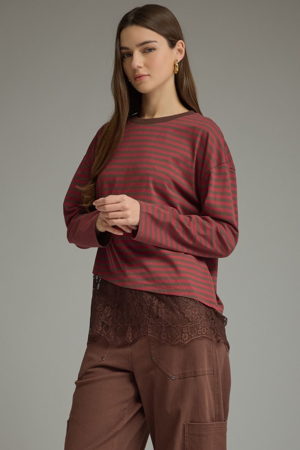 Asymmetric Lace Hem Stripe Long Sleeve Top