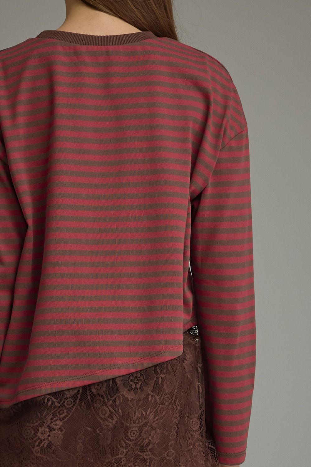 Asymmetric Lace Hem Stripe Long Sleeve Top