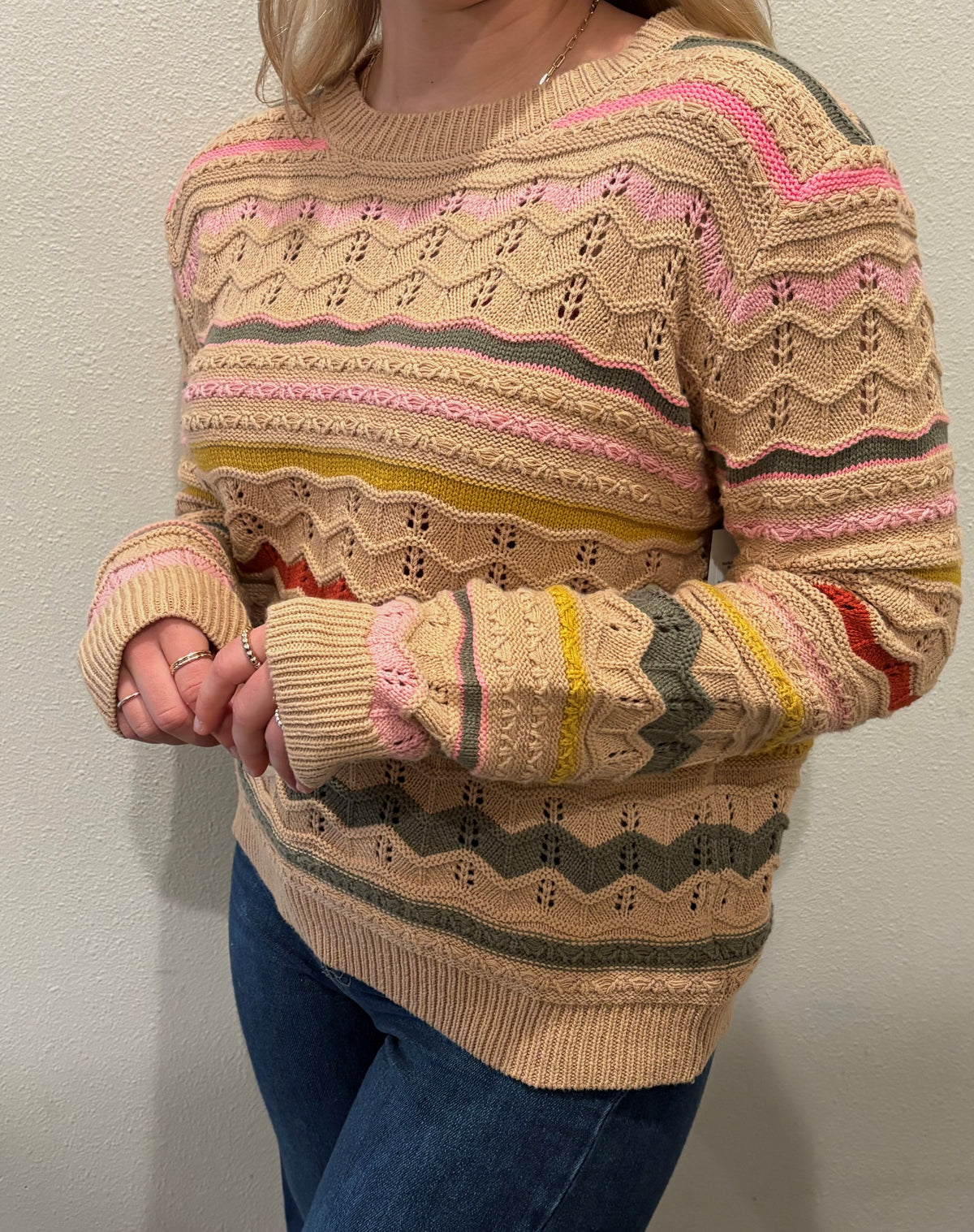 Textured Wave Open Knit Sweater - Latte