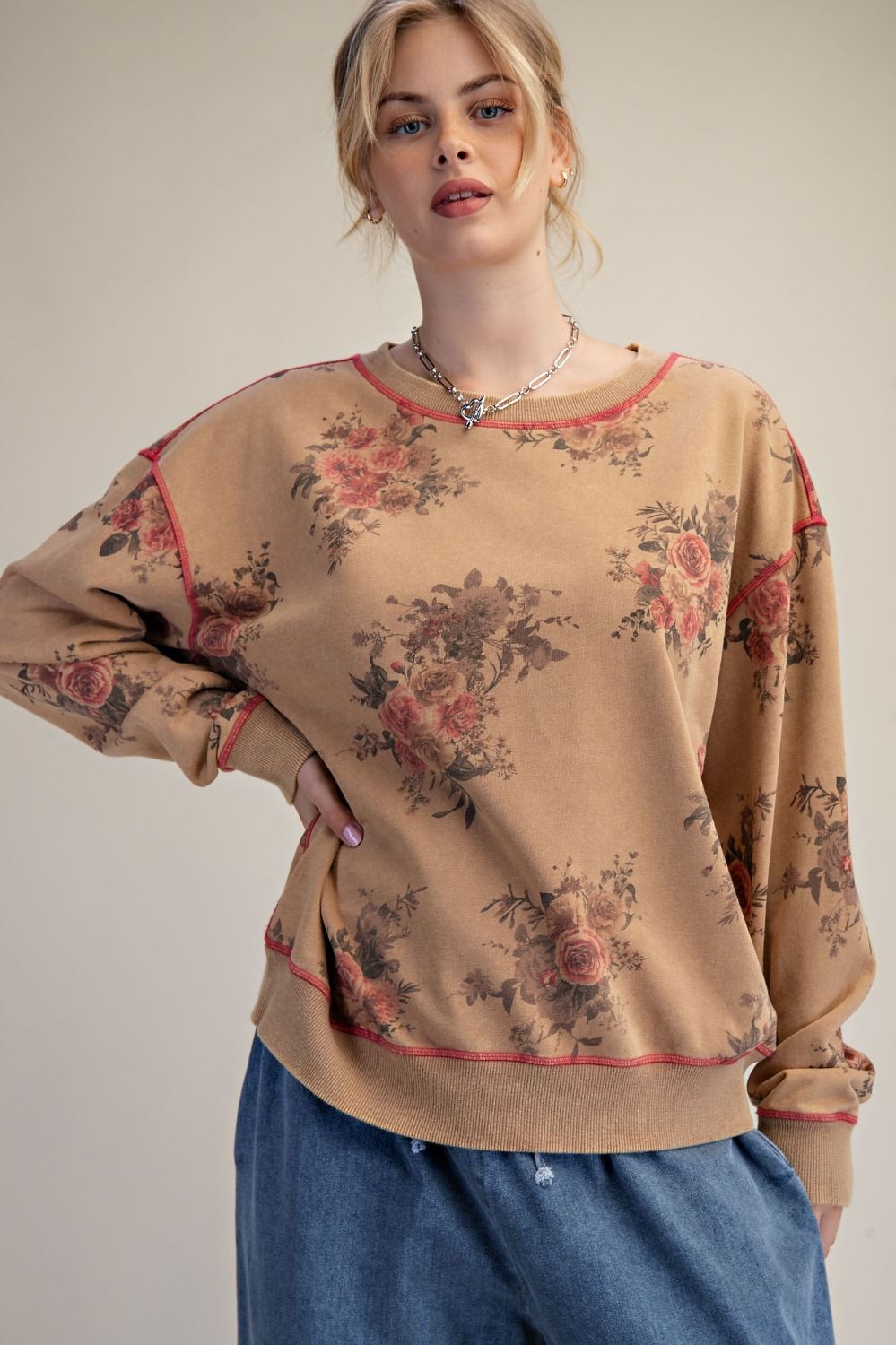 Vintage Floral Clusters Washed Pullover