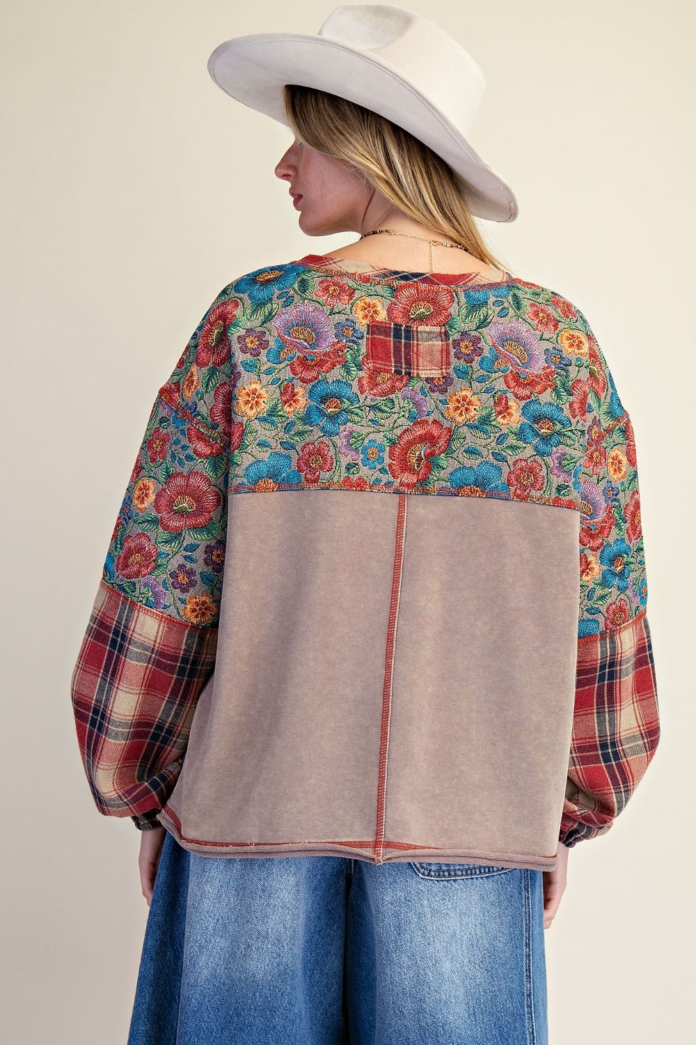 Plaid Floral Patchwork Sleeve Washed Pullover