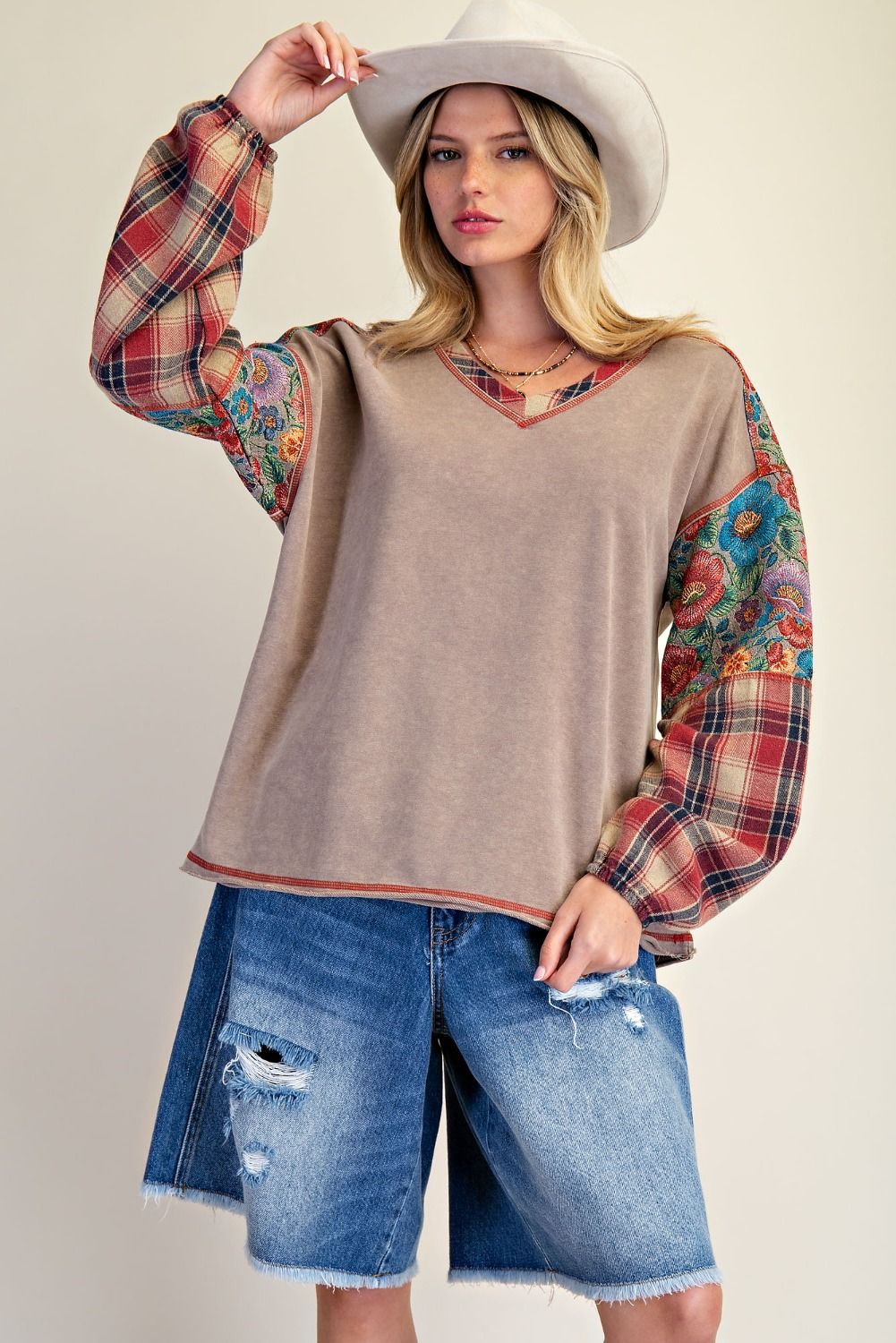 Plaid Floral Patchwork Sleeve Washed Pullover