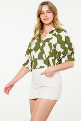 Geo Print Half Ruffle Sleeve Top Olive