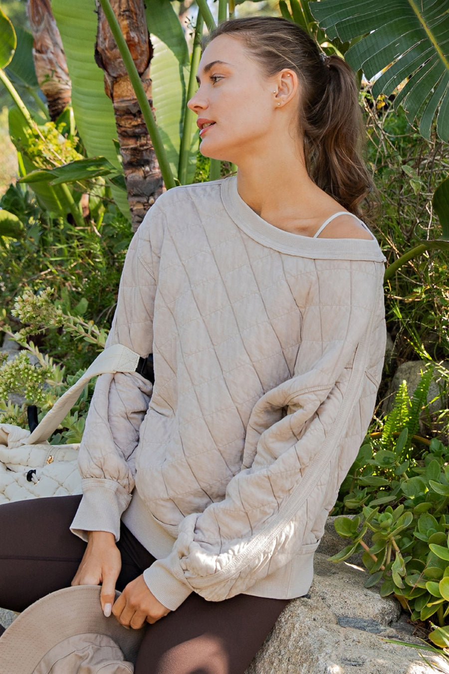 Quilted Puff Round Neck Pullover Beige Taupe