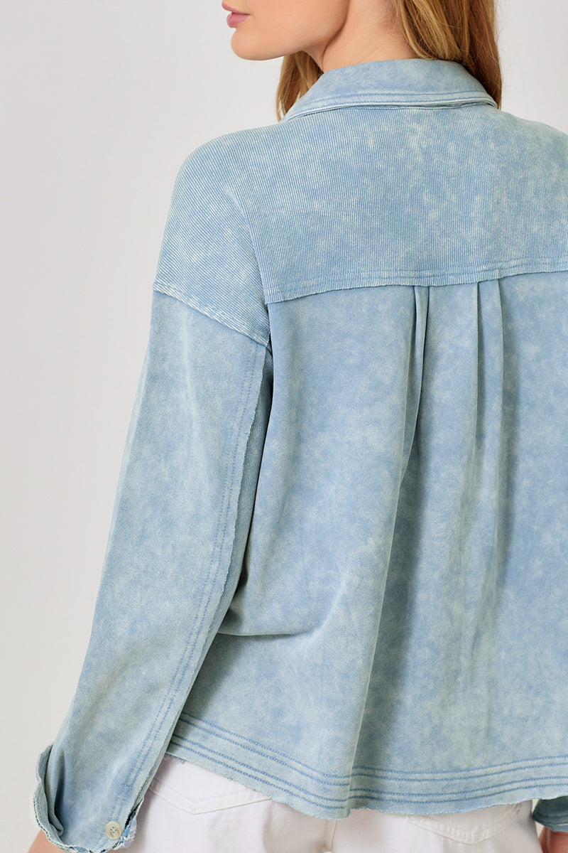 Mix Textured Washed Pockets Shacket Washed Denim Blue