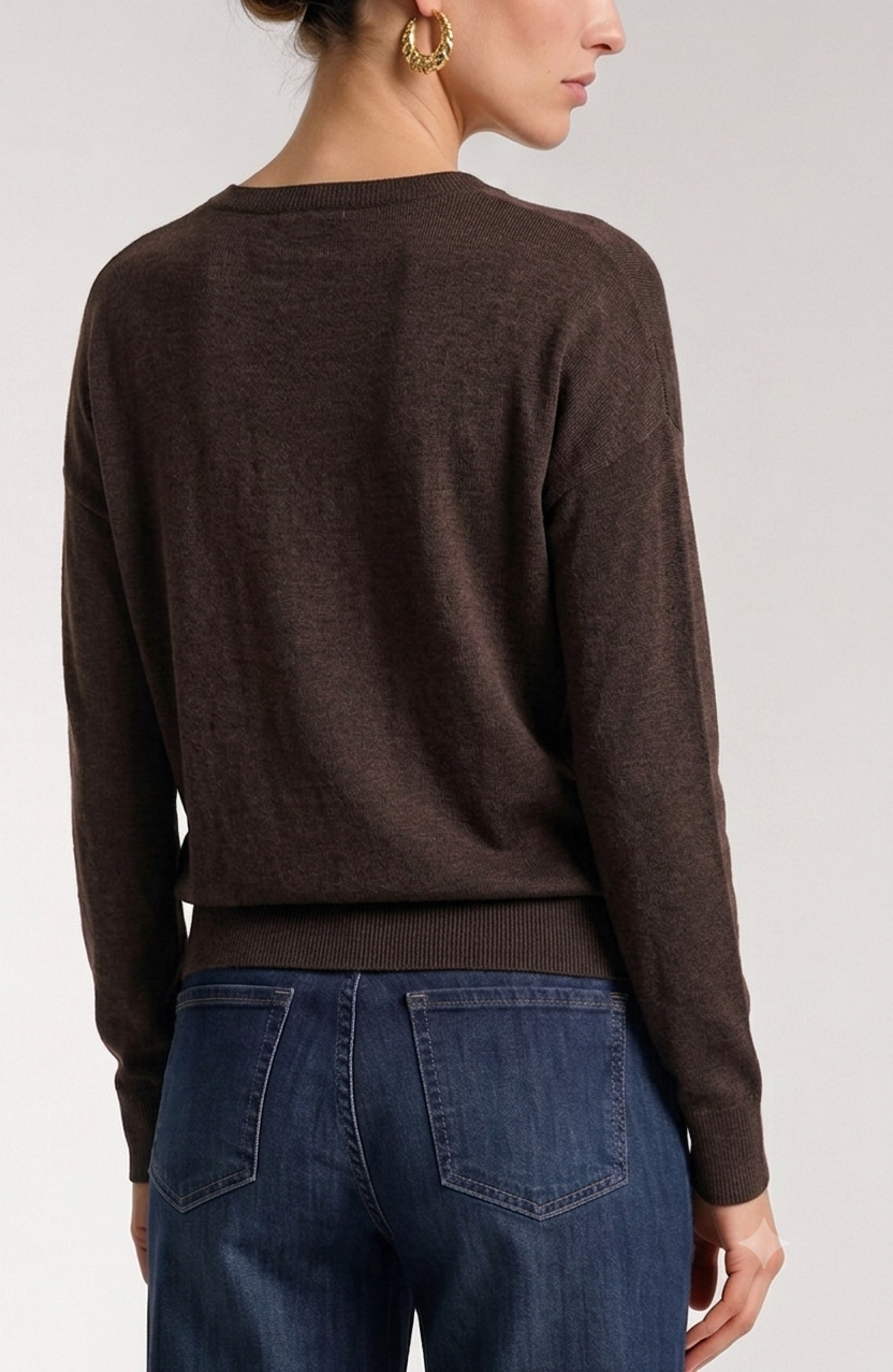 Long Sleeve Satin Drape Neck Woven Back Top Java Melange