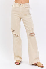 High Waisted Destroyed 90's Straight Jeans Bone