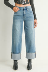 Petite Cuffed Slim Wide Leg Jeans Medium Denim
