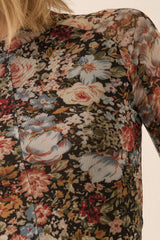 Floral Semi Sheer Mesh Long Sleeve Top Black