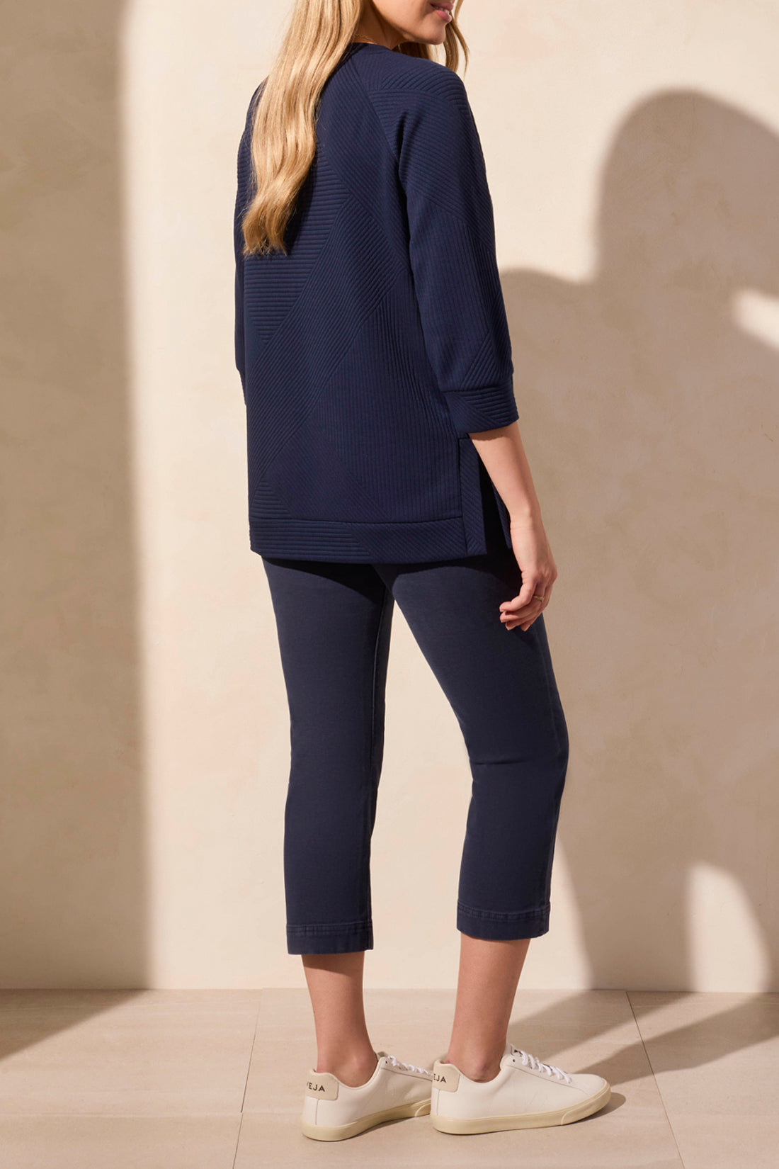 3/4 Sleeve Textured Mix Stripes Pullover Jet Blue