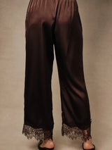 High Waist Lace Hem Satin Pants Brown