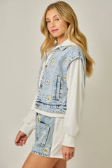 Embroidered Denim TwoFer Hoodie Jacket Washed Light Blue