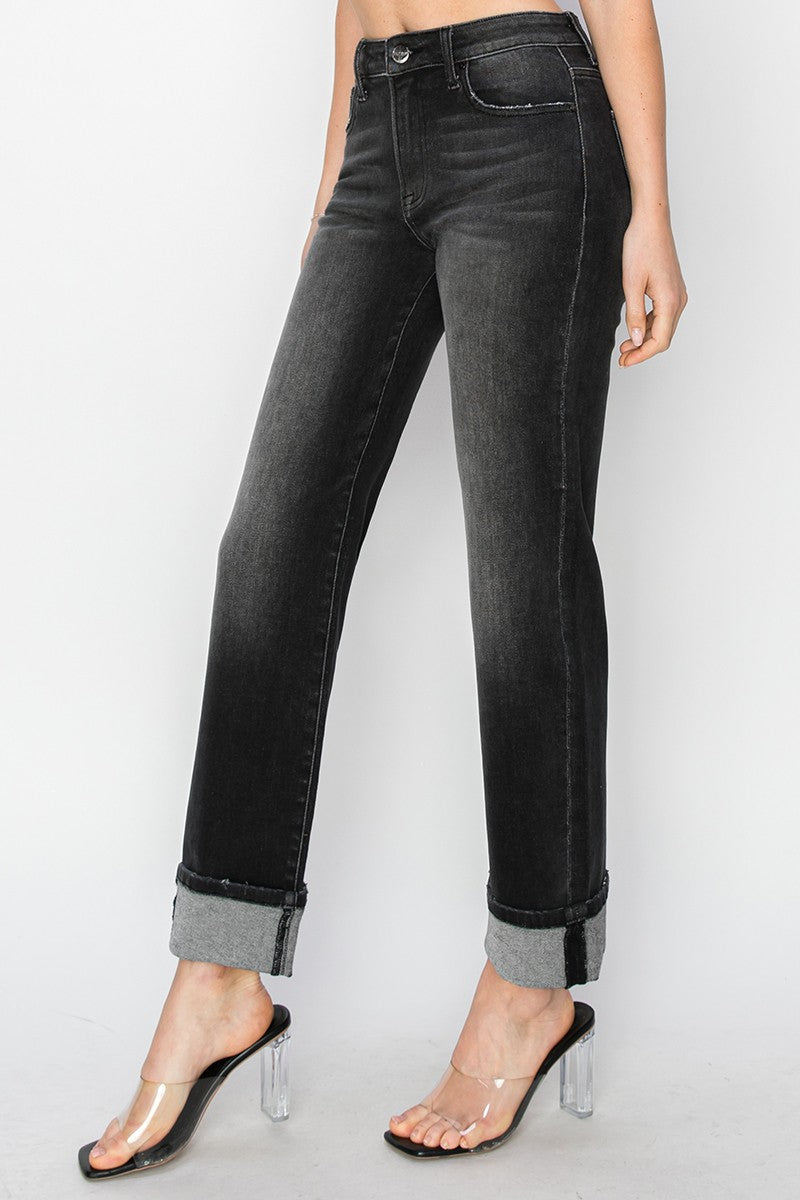 High Rise Straight Turn Up Cuff Jeans Black