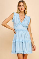 Vneck Ruffle Smocked Back Mini Dress Pastel Blue