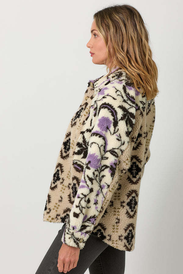 Mix Print Floral Sherpa Button Down Jacket Oatmeal