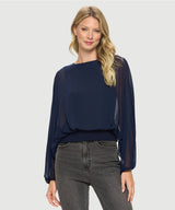 Chiffon Batwing Back Tie Banded Waist Top Navy