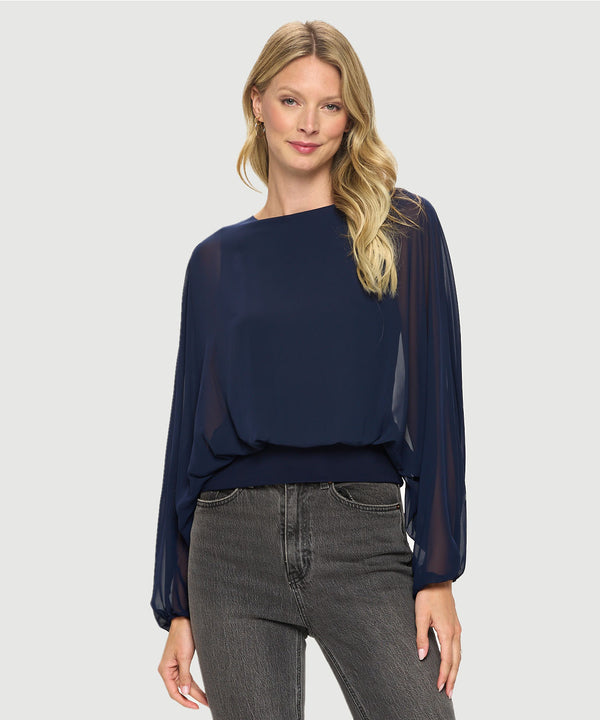 Chiffon Batwing Back Tie Banded Waist Top Navy