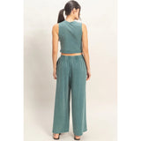 Mineral Washed Tank Wide Leg Pants Set Dark Teal