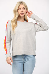 Multicolor Stripe Sleeve Crew Neck Sweater Heather Grey