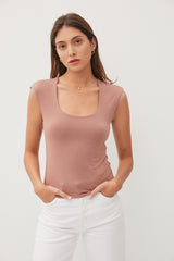 Cap Sleeve Round Neck Basic Top Mocha