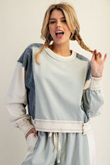 Frayed Colorblock Long Sleeve Pullover Sage