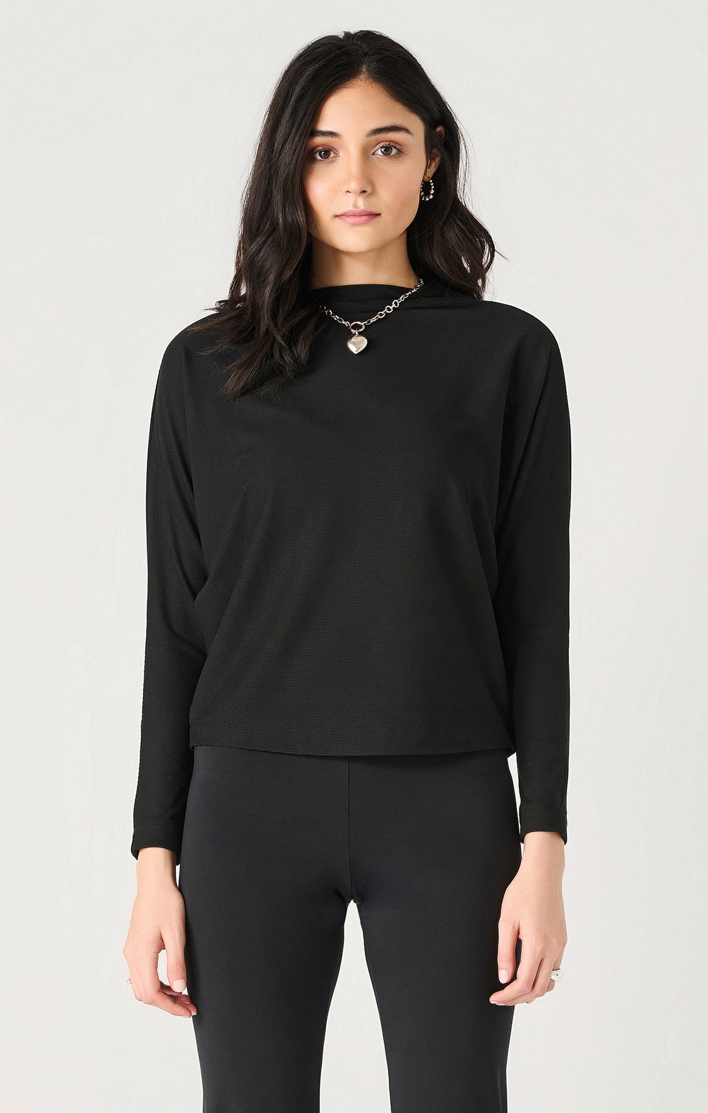 Mock Neck Ribbed Long Sleeve Top Black