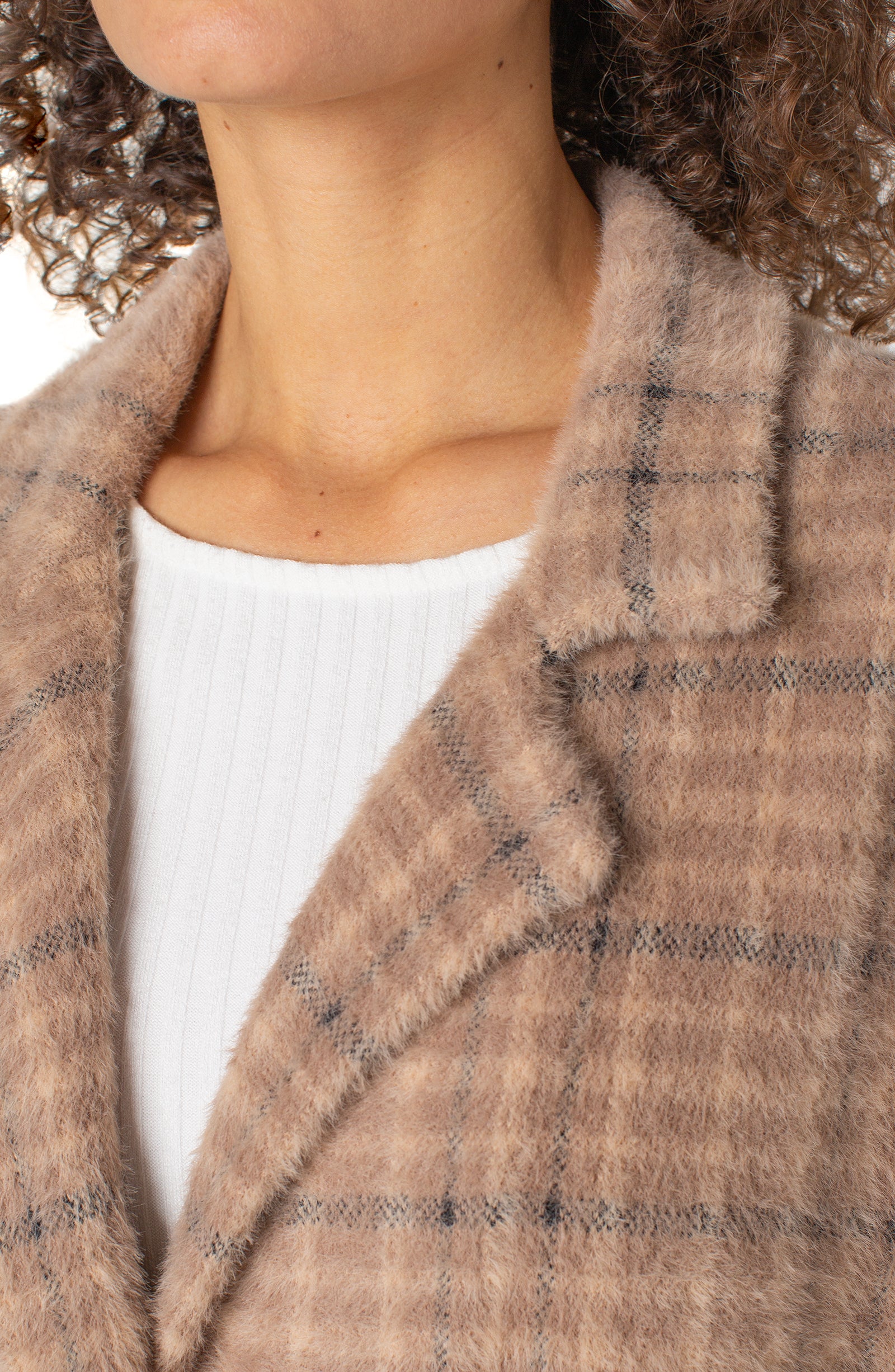 Long Sleeve Open Front Sweater Coat Camel Cream Plaid