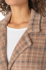 Long Sleeve Open Front Sweater Coat Camel Cream Plaid