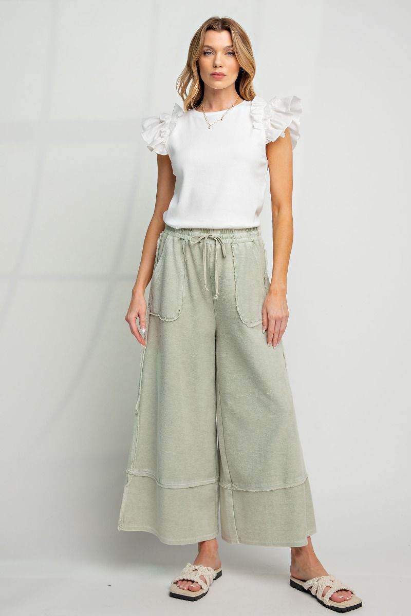 Mineral Wash Terry Knit Palazzo Pants Faded Olive
