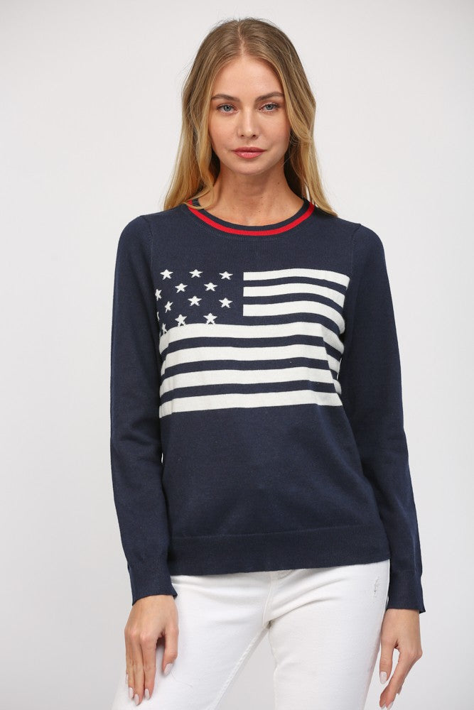 Flag Artwork Crew Neck Sweater Top Navy