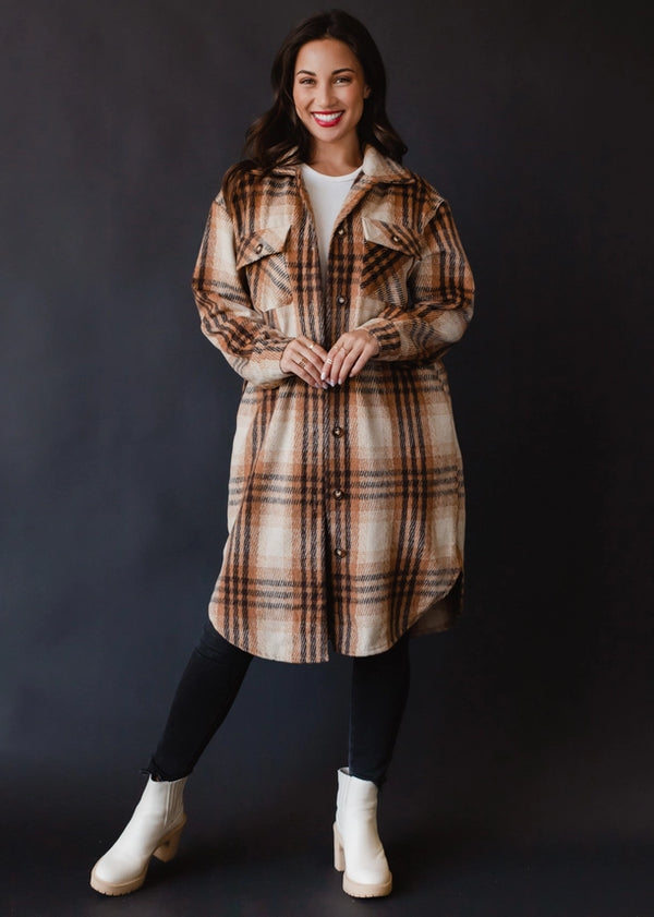 Long Flannel Plaid Jacket Brown, Tan + Rust