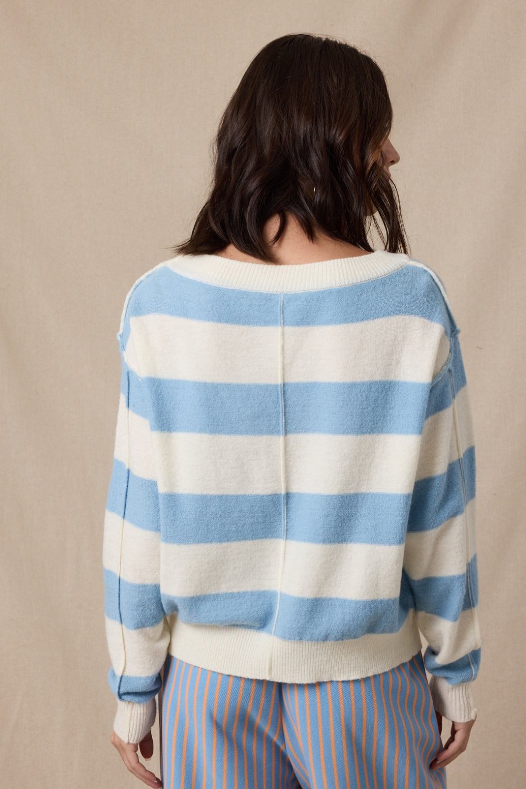 Cozy Stripe Raw Edge Sweater Surf Blue/White