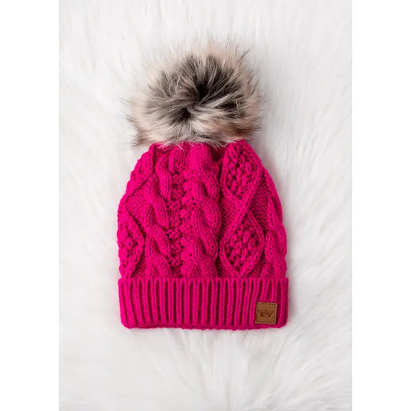 Cable Knit Natural Pom Hat Bright Pink