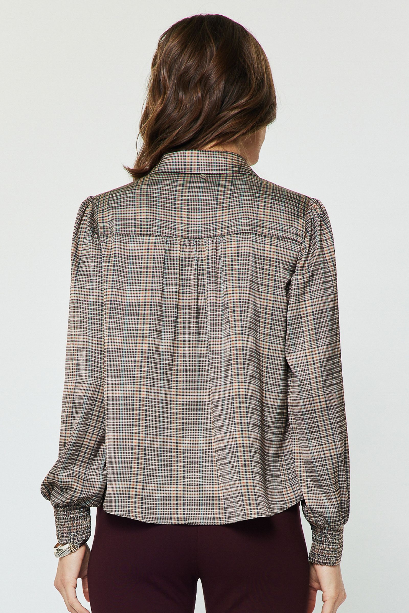 Plaid Satin Tie Neck Smock Cuff Blouse Multi