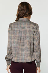 Plaid Satin Tie Neck Smock Cuff Blouse Multi