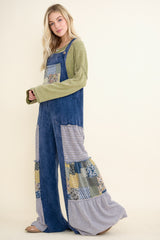Mineral Washed Tiered Patchwork Boho Jumpsuit Navy
