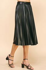 Leather Pleated Tab Waist Midi Skirt Black