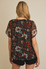Short Ruffle Sleeve Floral Print Top Dark Green Multi