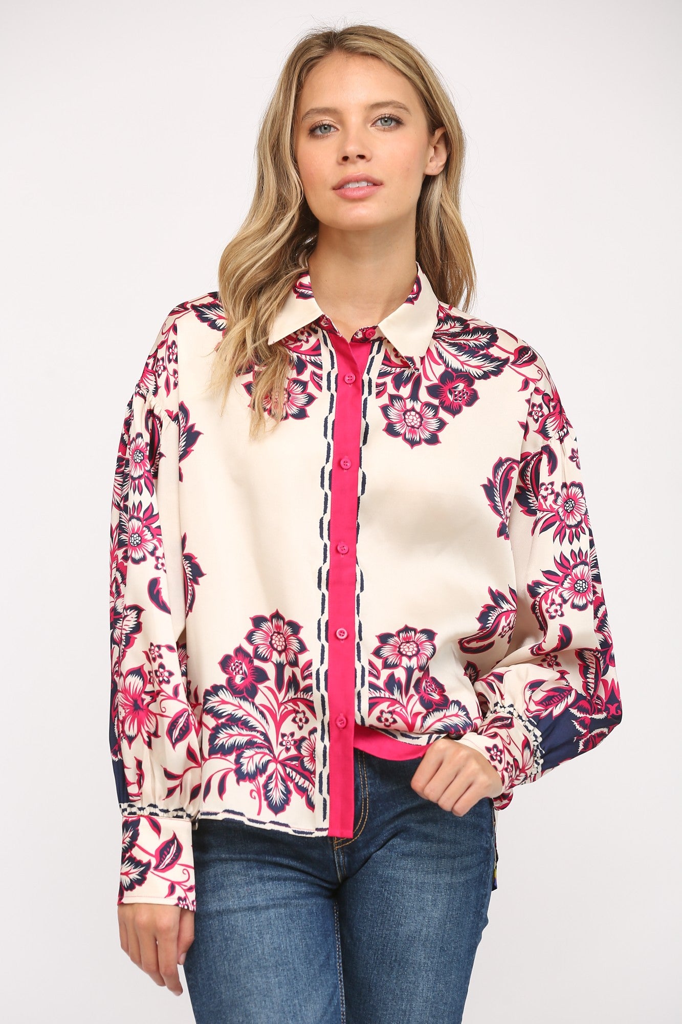 Printed Satin Button Down Shirt Magenta, Blue + Lime