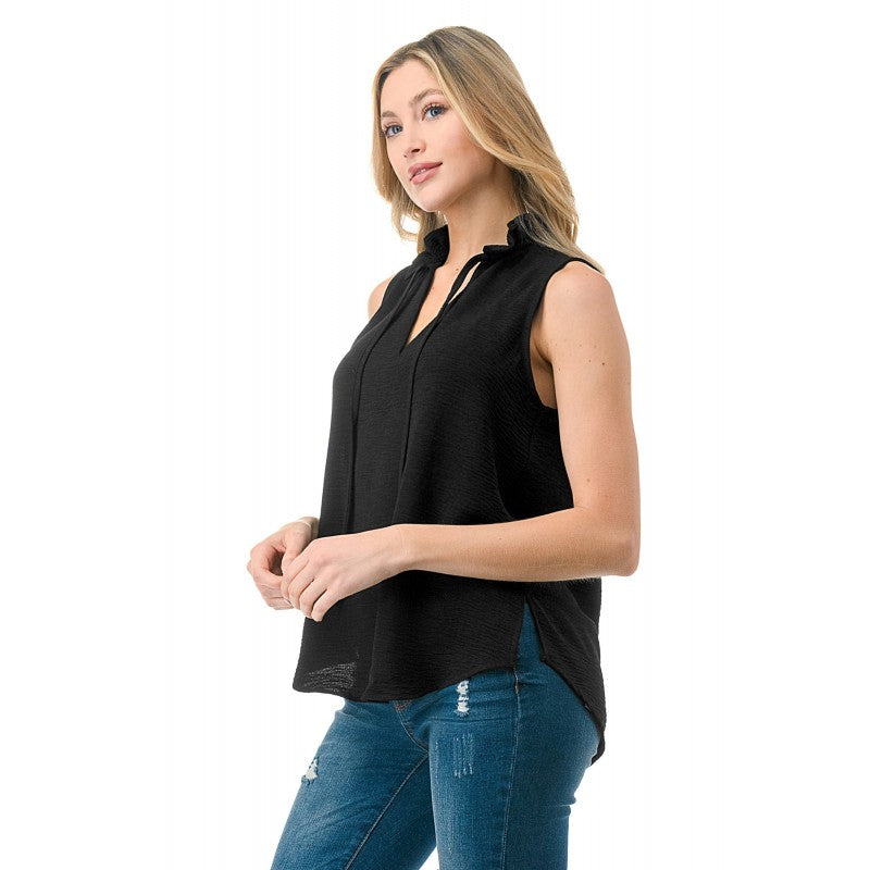 Crinkle Split Tie Neck Sleeveless Top Black