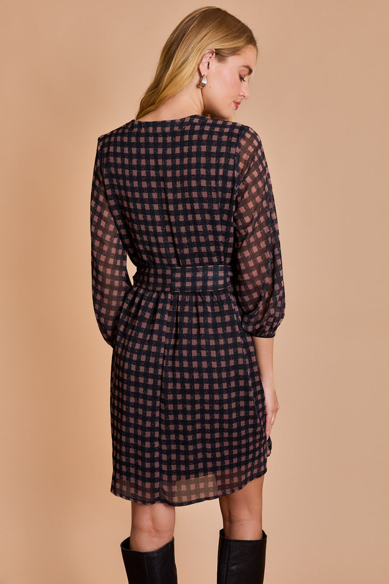 Shirred Vneck Button Detail Check Print Dress Black Brown