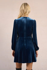 Long Sleeve Velvet Tied Wrap Mini Dress Denim Blue