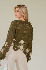 Crochet V Neck Long Sleeve Knit Top Olive