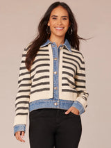 Long Sleeve Mix Media Jacket Off White + Navy