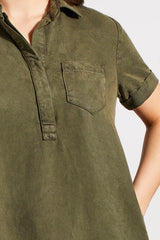 Pop Over Pocket Shirt Dress Olive