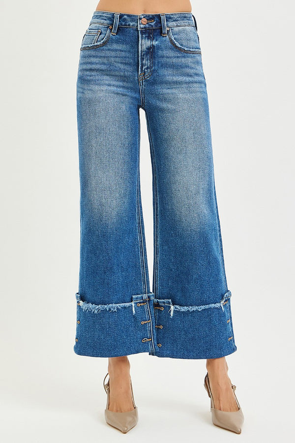 High Rise Cropped Wide Leg Cuffed Button Jeans Medium