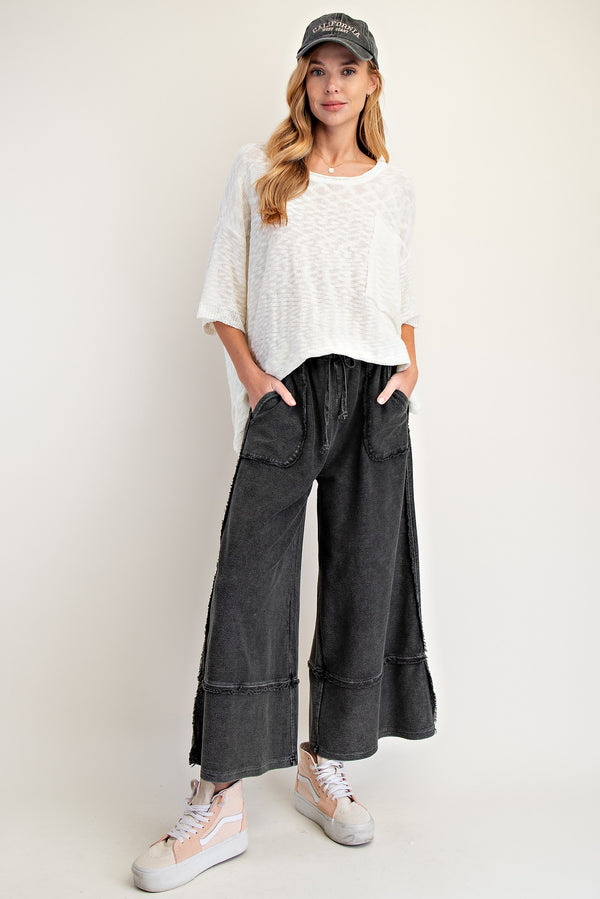 Mineral Wash Terry Knit Palazzo Pants Black