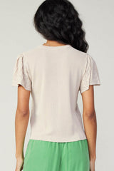 Short Sleeve Pointelle Knit Sweater Top Taupe